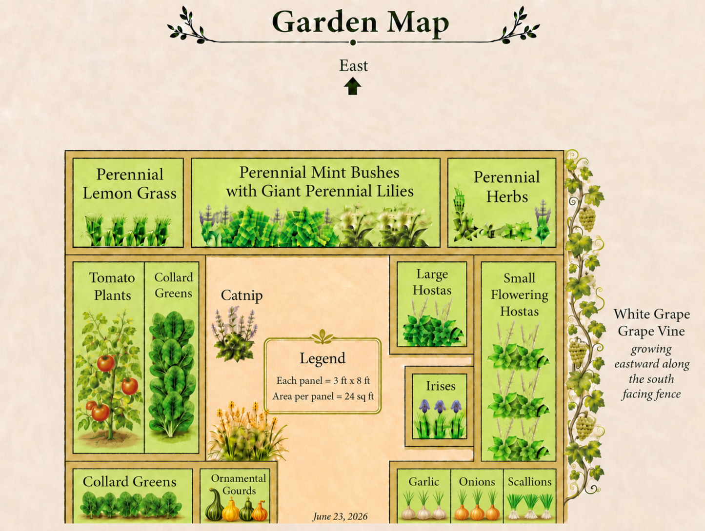 MoH Garden Map showing raised beds, perennial herbs, mint bushes with lilies, hostas, irises, annual veggies, catnip, short day lily, lemon grass, and white grape vine along the right side panels